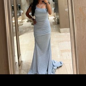 Light blue B. Darlin glitter asymmetrical sleeve prom dress